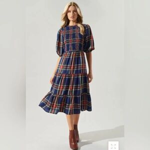 Sugarlips Lakeview Navy Plaid Puff Sleeve Smocked Tiered Midi Dress S